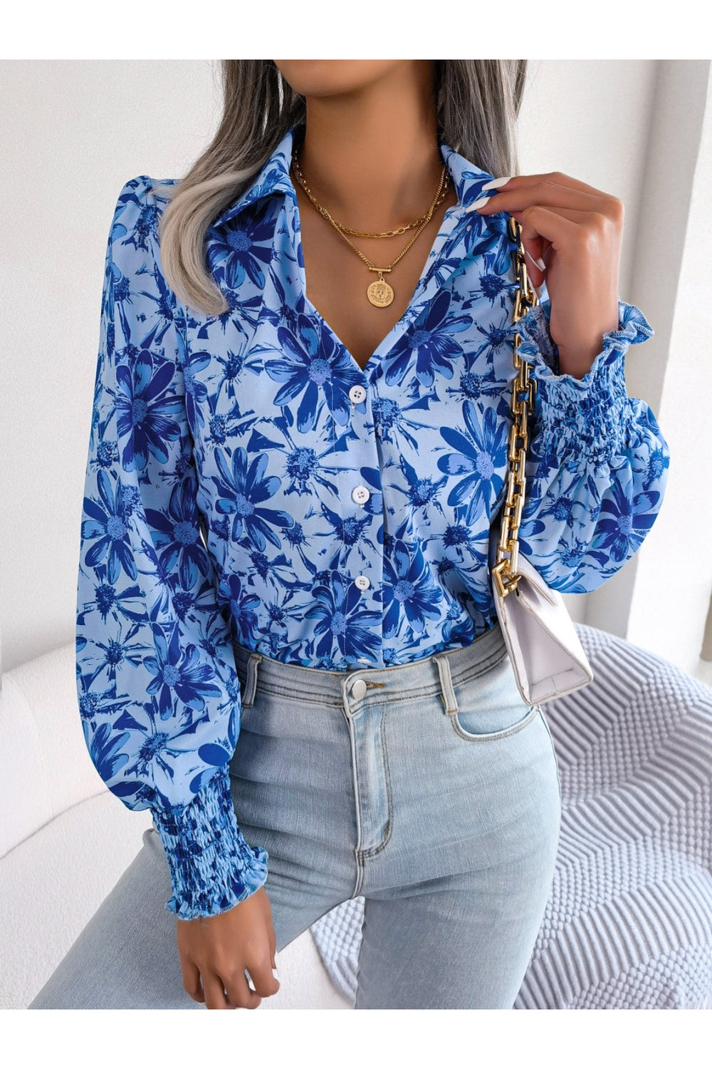 Floral Collared Neck Long Sleeve Shirt - Shirts - FITGGINS