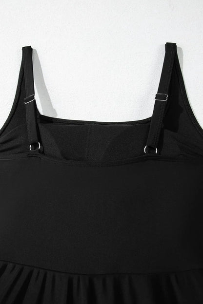 Side Tied Waist Square Neck Adjustable Straps A-line One Piece Swim Dress Fitggins