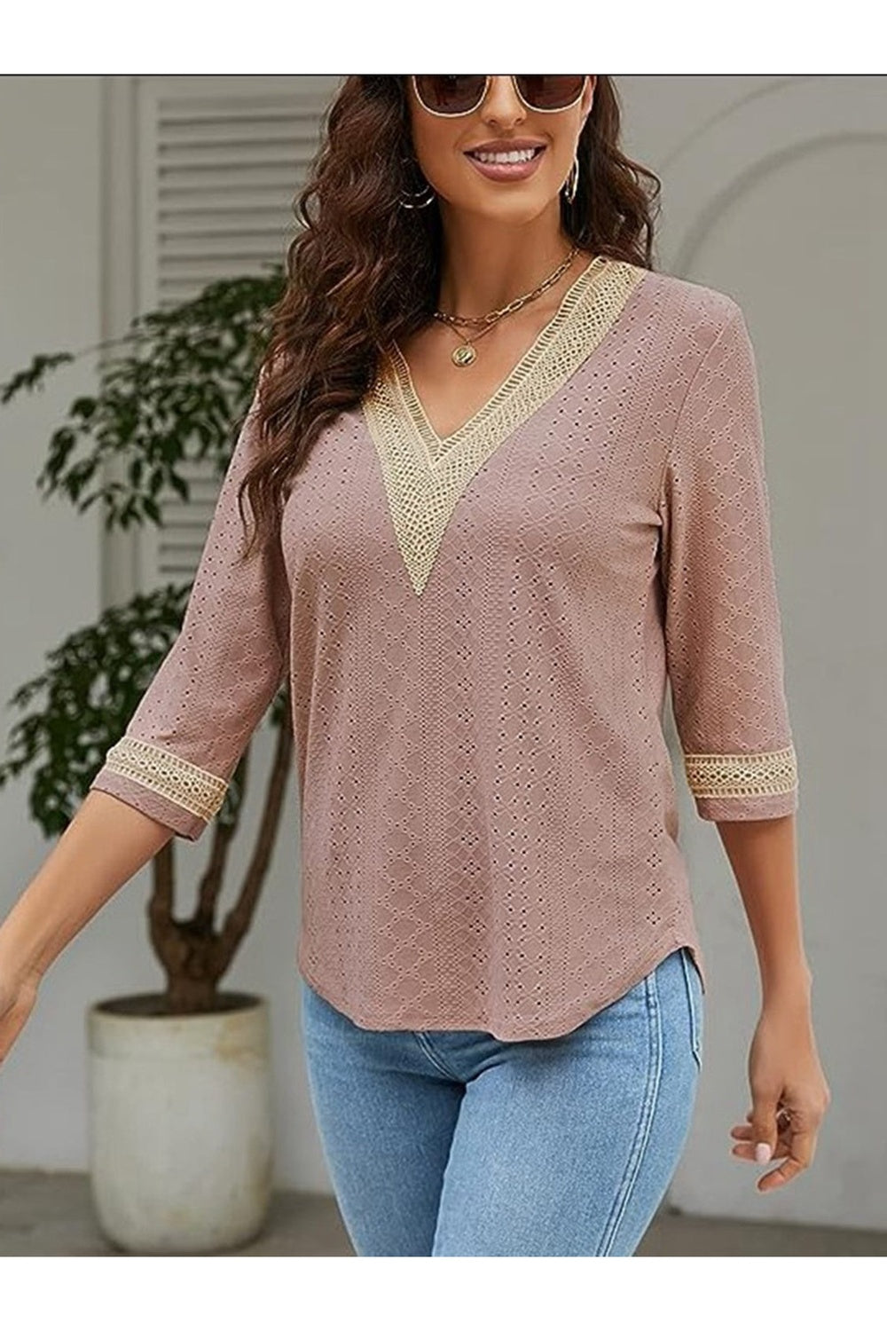 V-Neck Eyelet Blouse - Blouses - FITGGINS