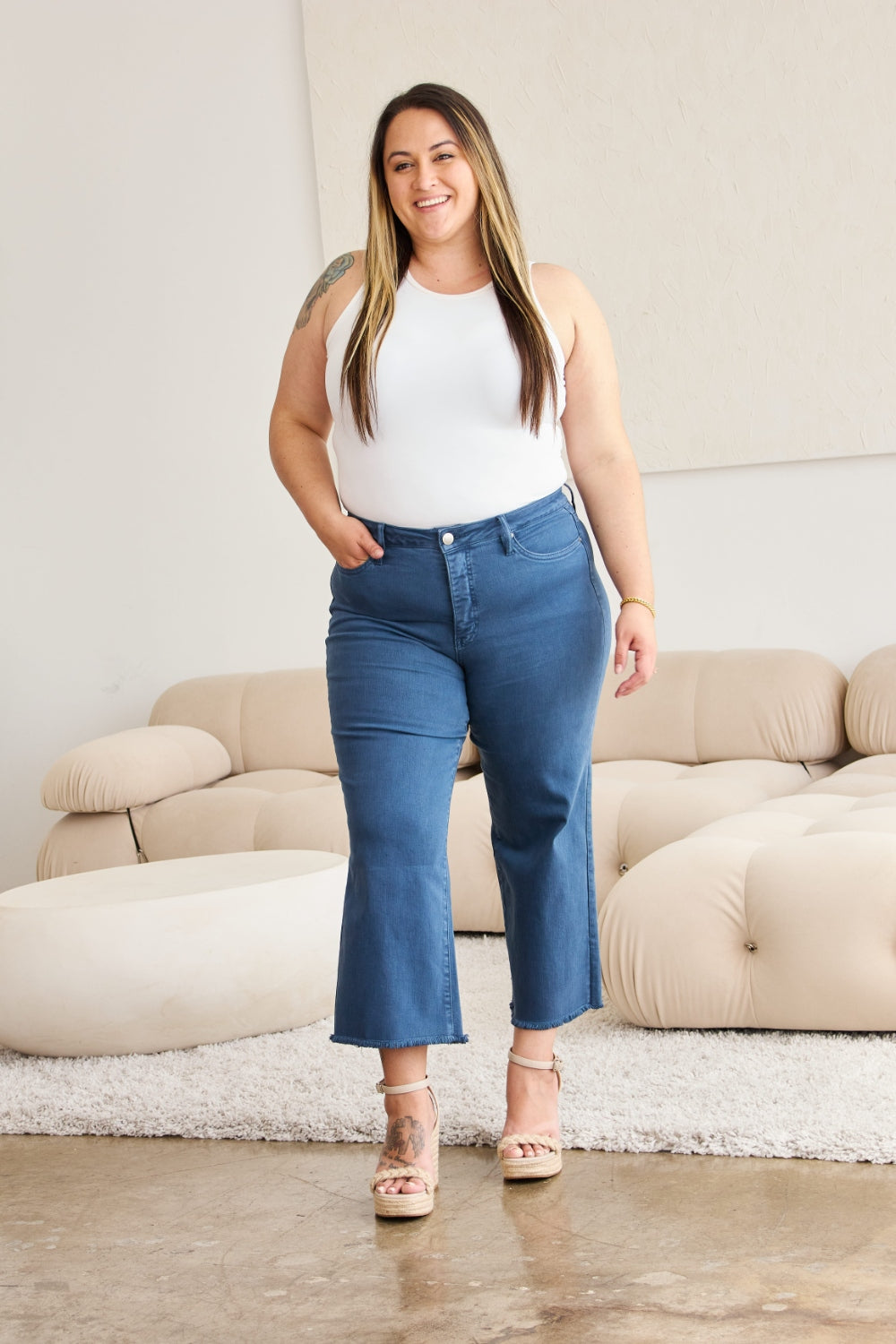 RFM Crop Chloe Full Size Tummy Control High Waist Raw Hem Jeans - Jeans - FITGGINS