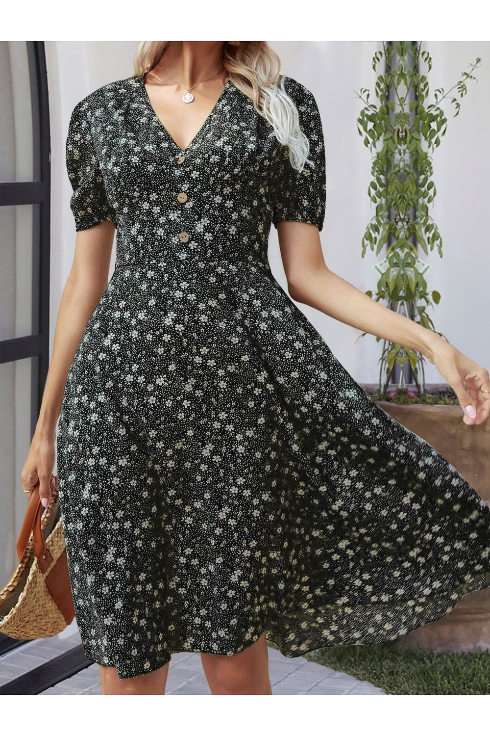 Printed V-Neck Short Sleeve Dress - Casual & Maxi Dresses - FITGGINS