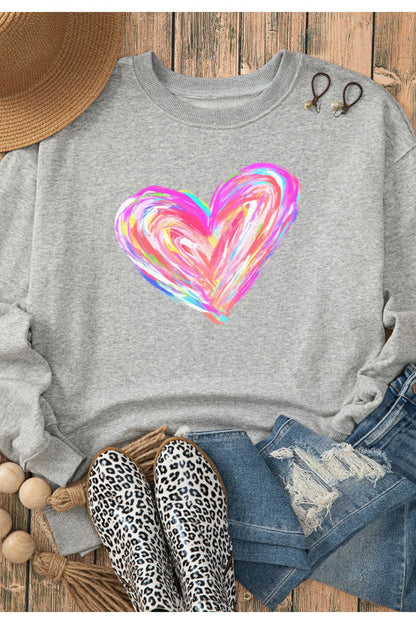 Valentine’s Day Heart Round Neck Drop Shoulder Sweatshirt - Sweatshirts & Hoodies - FITGGINS