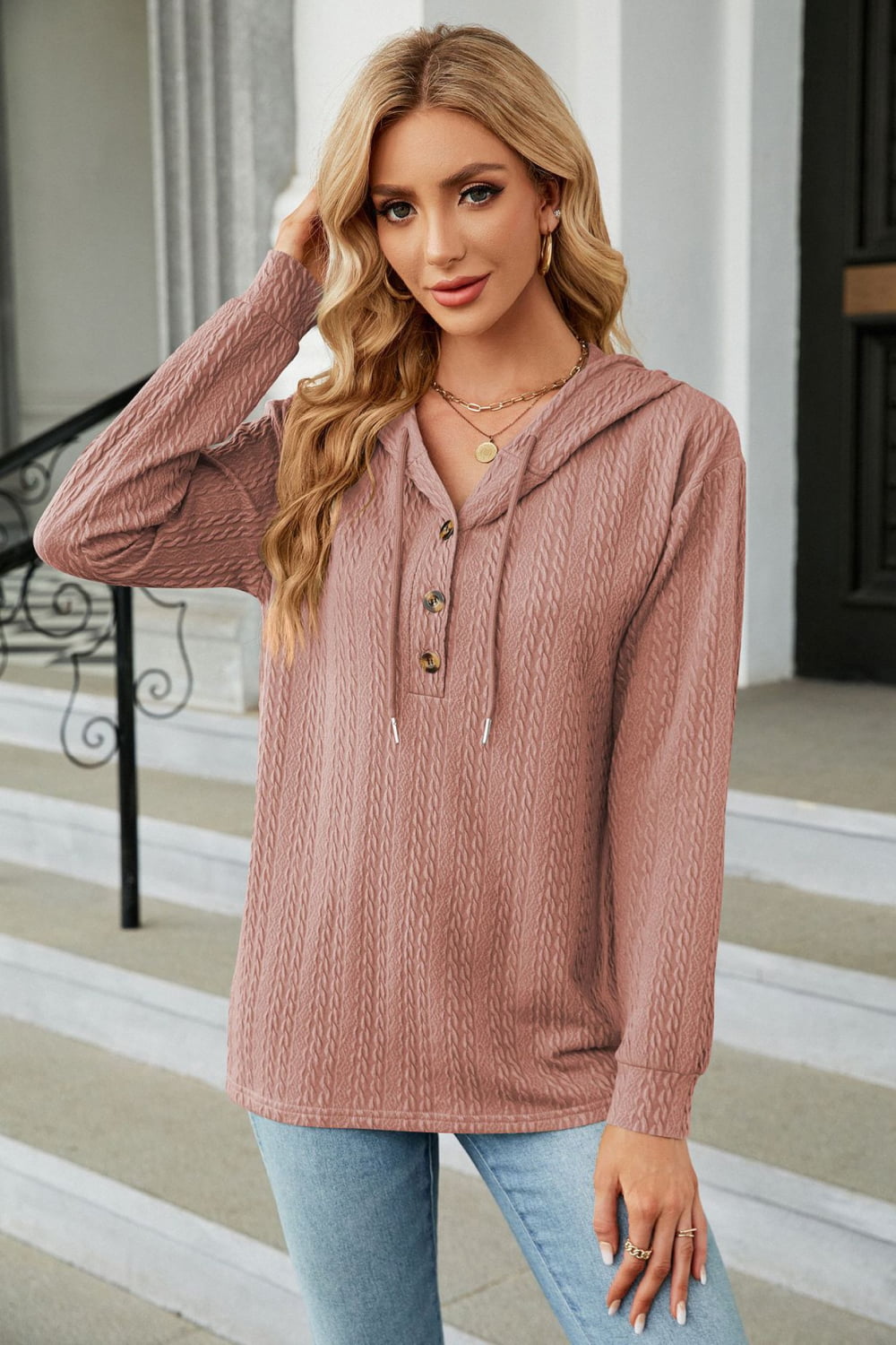 Cable-Knit Long Sleeve Hoodie Dusty Pink Fitggins