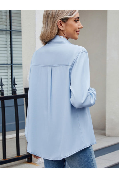 Solid Color Collared Neck Long Sleeve Shirt Fitggins