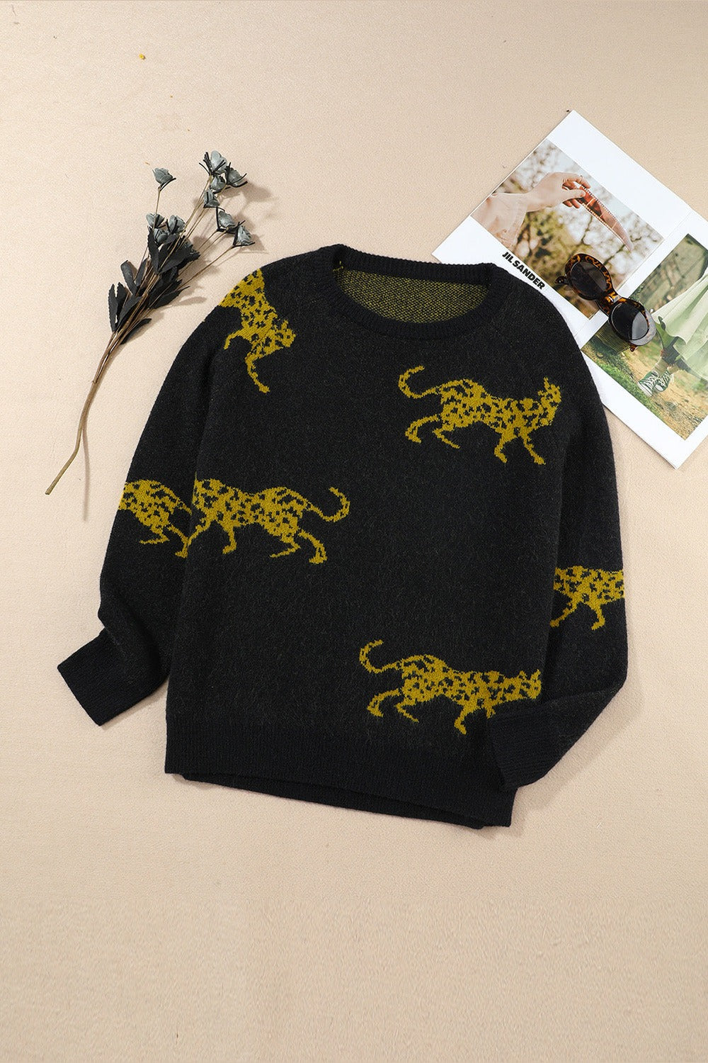 Animal Print Round Neck Sweater - Pullover Sweaters - FITGGINS