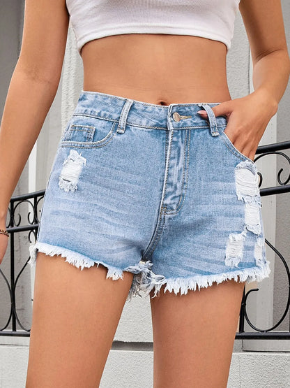 Distressed Raw Hem Denim Shorts Fitggins
