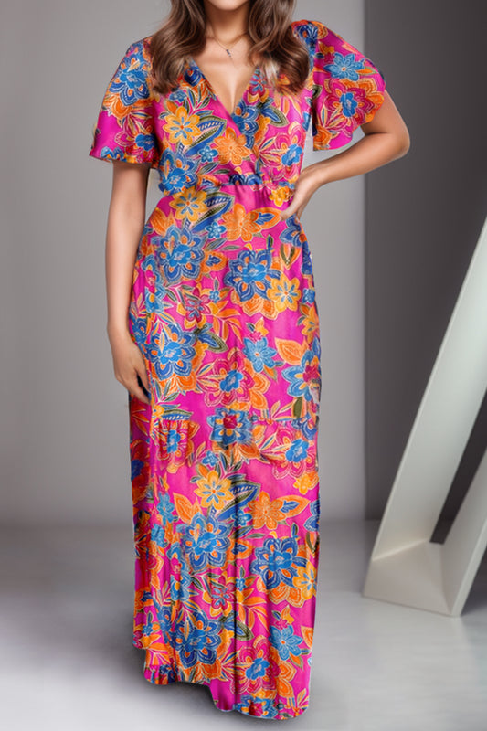 Printed Surplice Short Sleeve Maxi Dress - Casual & Maxi Dresses - FITGGINS