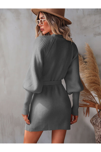 Belted Surplice Lantern Sleeve Wrap Sweater Dress - Sweater Dresses - FITGGINS