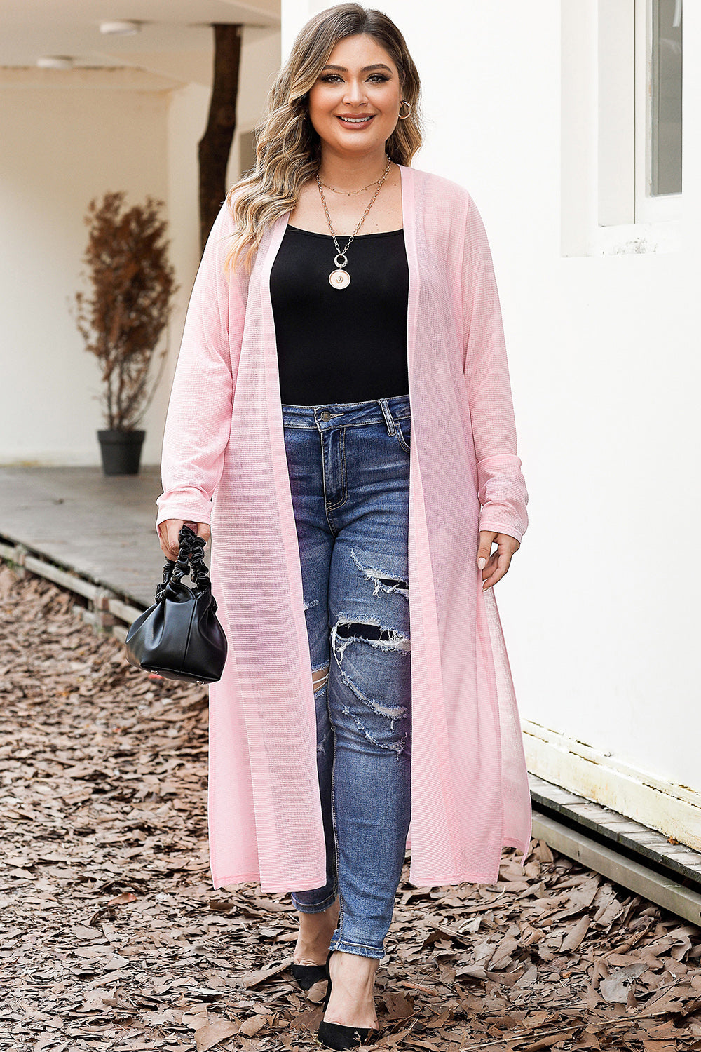 Open Front Long Sleeves Slit Cardigan - Jackets - FITGGINS