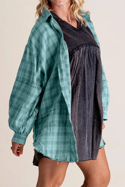 Exposed Seam Plaid Collared Neck Long Sleeve Shirt - Shirts - FITGGINS