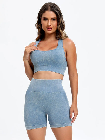 Scoop Neck Wide Strap Top and Shorts Active Set Light Blue Fitggins