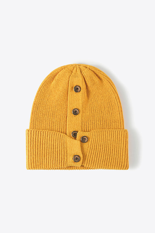 Button Detail Rib-Knit Cuff Beanie - Hats - FITGGINS