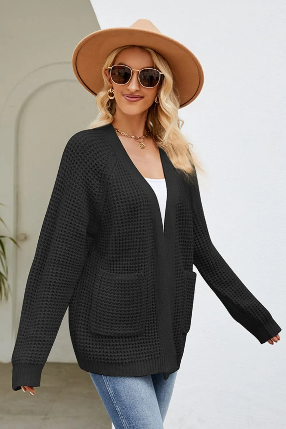 Open Front Raglan Sleeve Pocketed Cardigan Fitggins