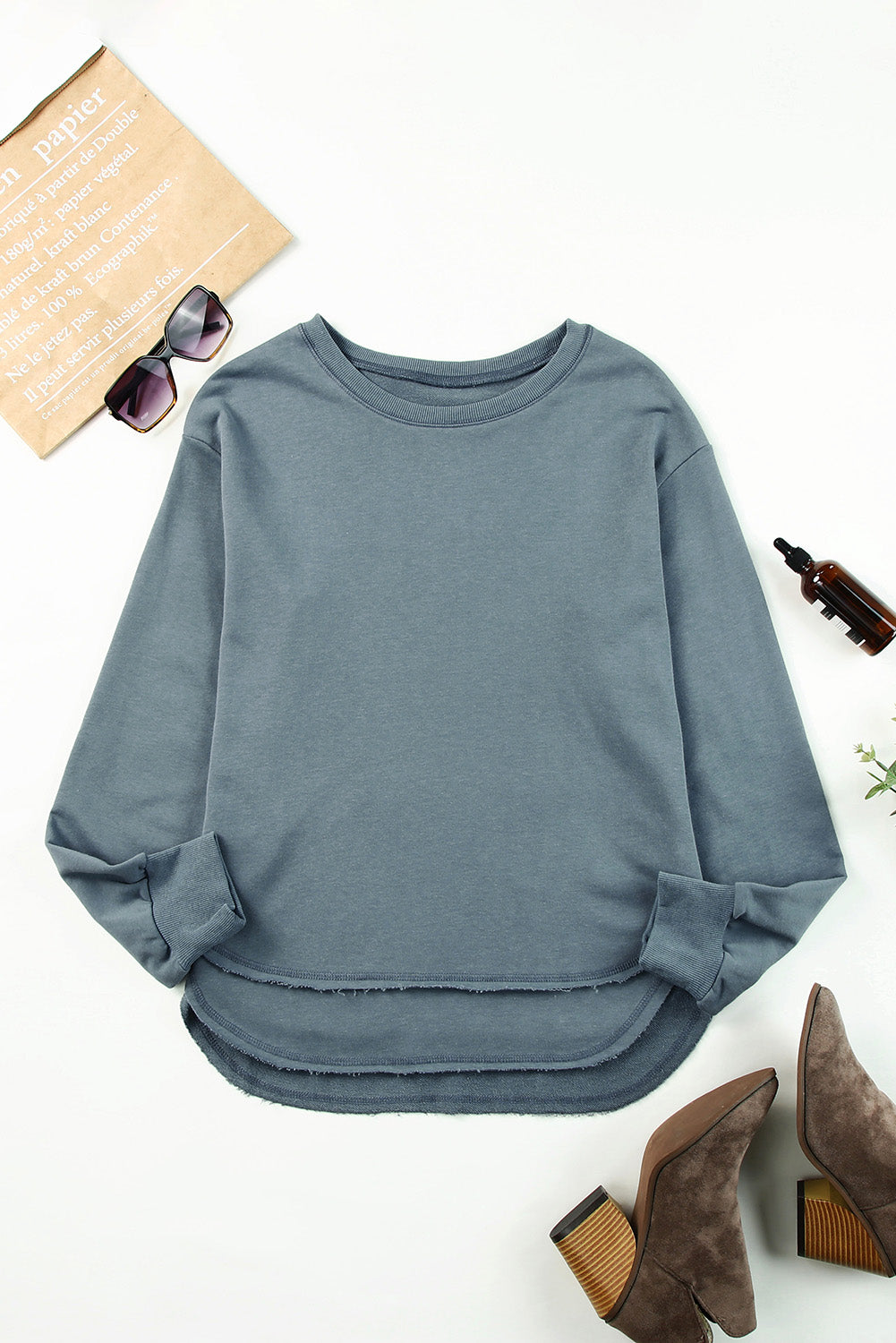 Side Slit Drop Shoulder Sweatshirt Dull Blue Fitggins