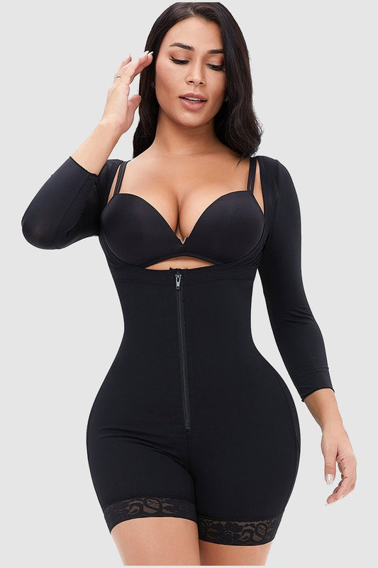 Full Size Zip Up Lace Detail Long Sleeve Shapewear - Shapewear - FITGGINS