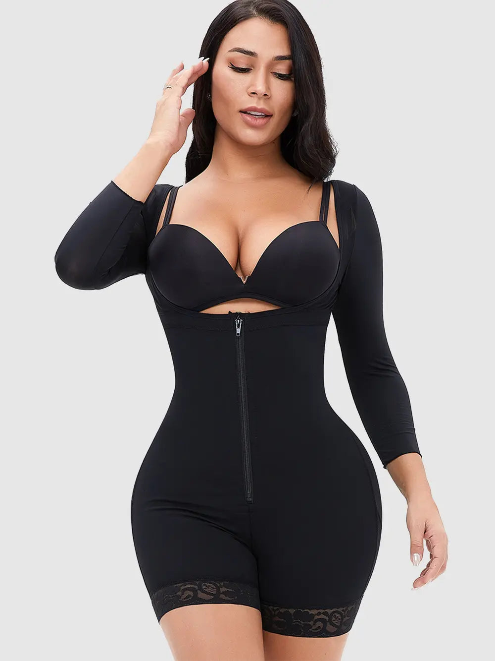 Full Size Zip Up Lace Detail Long Sleeve Shapewear Black Fitggins