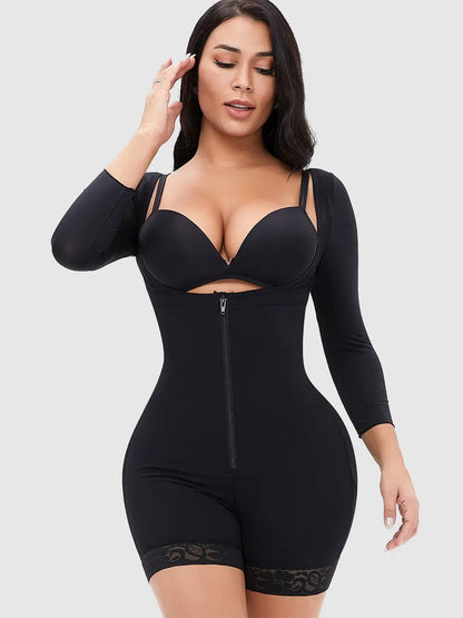 Full Size Zip Up Lace Detail Long Sleeve Shapewear Black Fitggins
