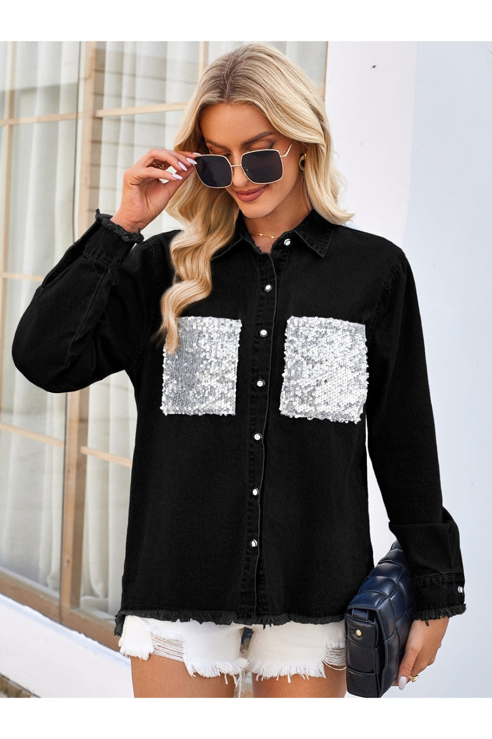 Raw Hem Button Up Long Sleeve Denim Jacket with Sequin Pockets - Denim Jackets - FITGGINS