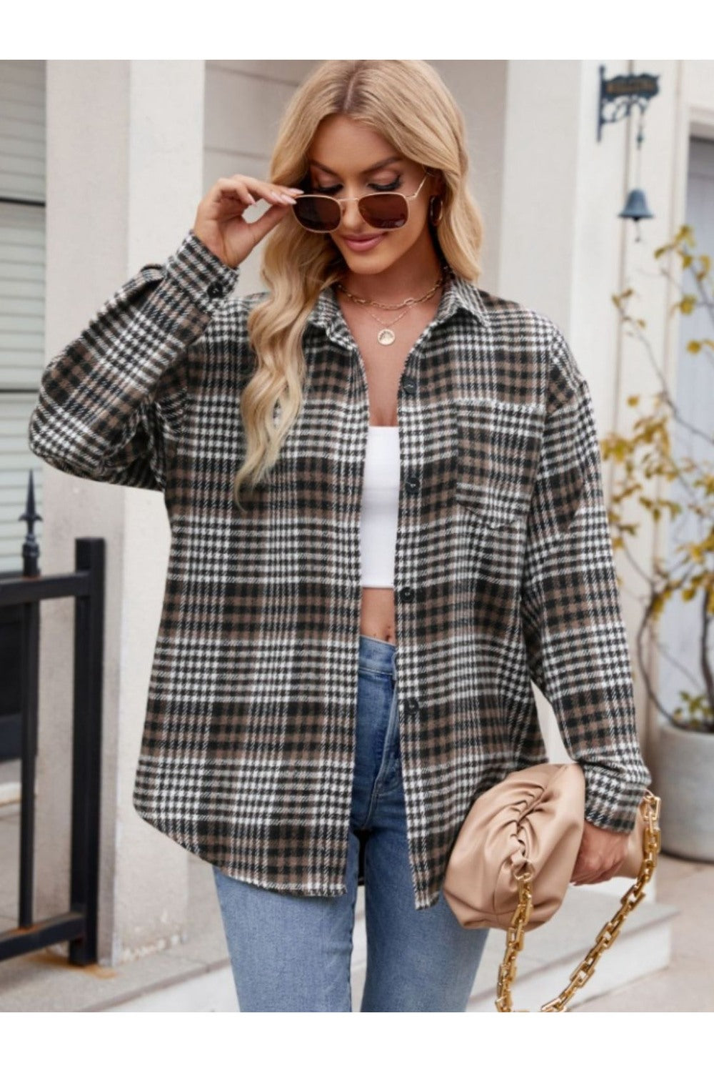 Mandy Pocketed Plaid Collared Neck Long Sleeve Shirt - Shirts - FITGGINS