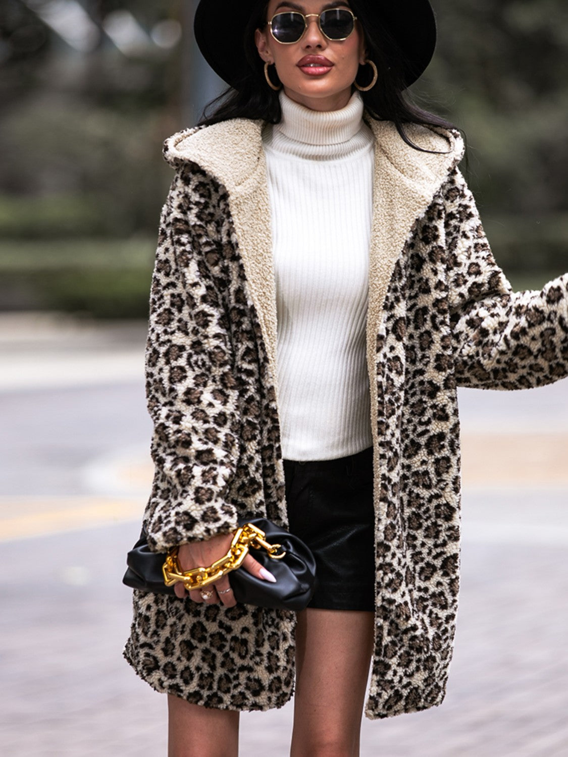 Shiny Leopard Hooded Coat with Pockets Fitggins