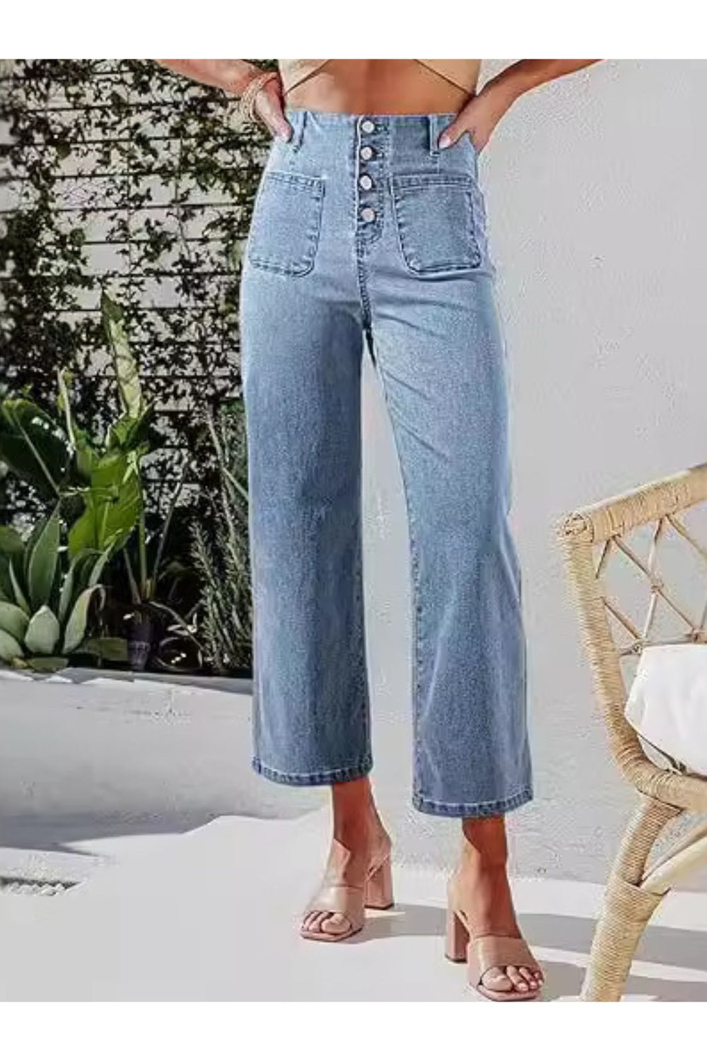 Button Fly Cropped Jeans with Pockets - Jeans - FITGGINS