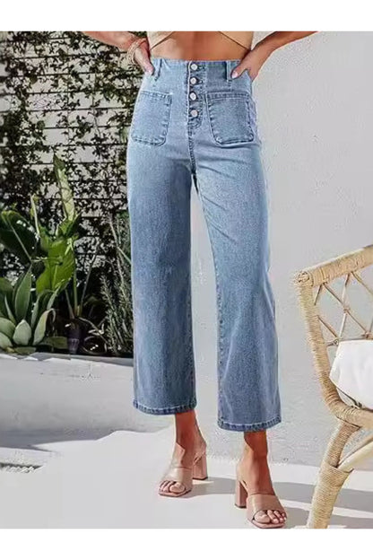 Button Fly Cropped Jeans with Pockets - Jeans - FITGGINS