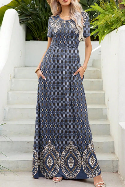 Printed Round Neck Short Sleeve Maxi Dress Fitggins