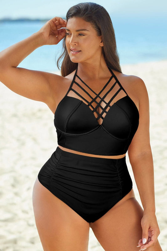 Full Size Halter Neck Crisscross Ruched Two-Piece Swimsuit - Bikinis & Tankinis - FITGGINS