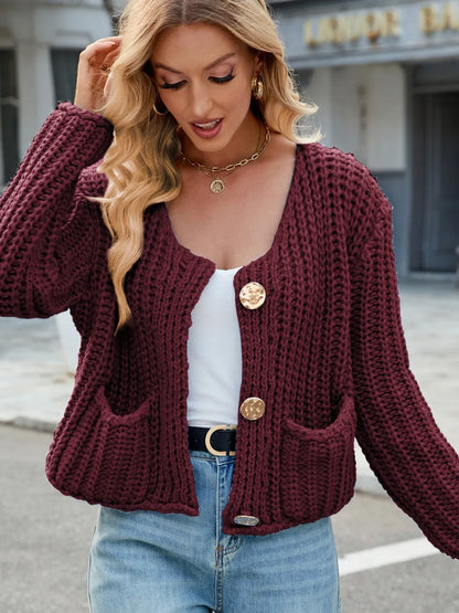 Round Neck Button Up Cardigan with Pockets Burgundy Fitggins
