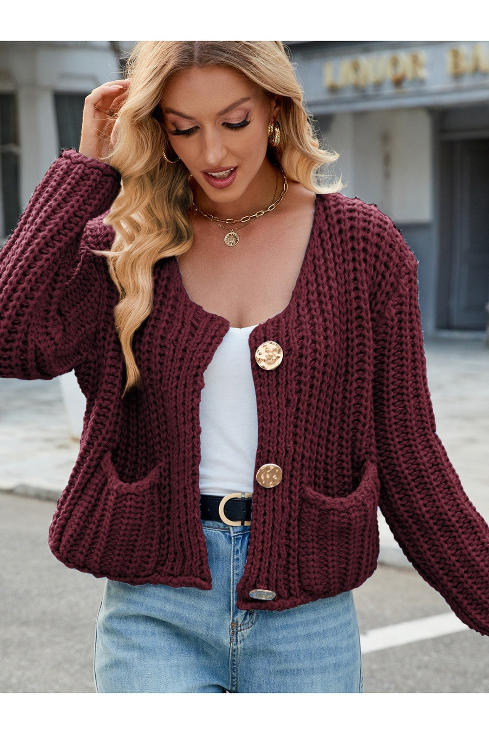 Round Neck Button Up Cardigan with Pockets - Cardigans - FITGGINS