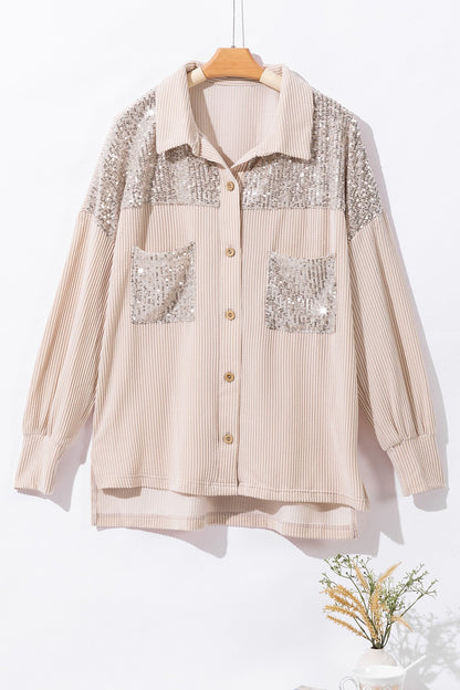 Sequin Button Up Dropped Shoulder Jacket - Jackets - FITGGINS