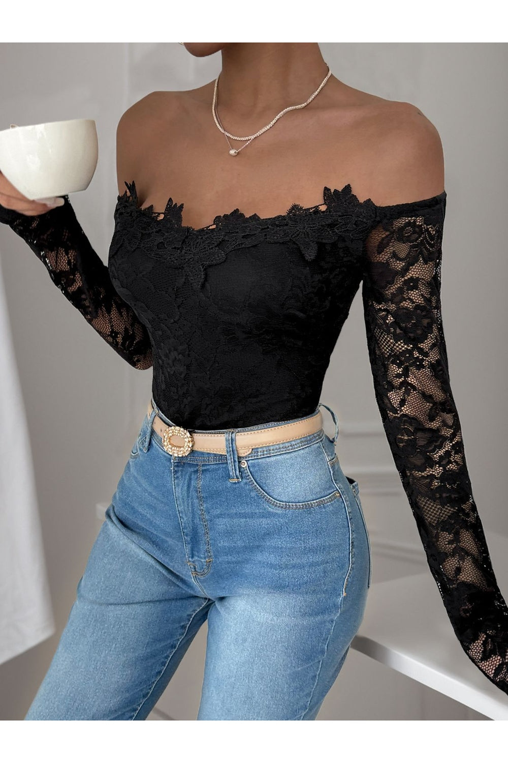 Perfee Lace Off-Shoulder Long Sleeve Bodysuit - Bodysuit - FITGGINS