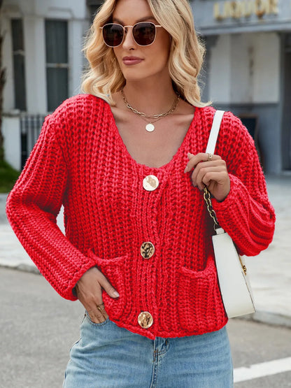 Round Neck Button Up Cardigan with Pockets Orange-Red Fitggins