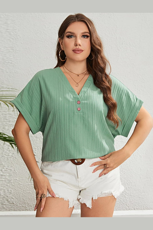 Honey Plus Size Buttoned V-Neck Short Sleeve Top - Blouses - FITGGINS