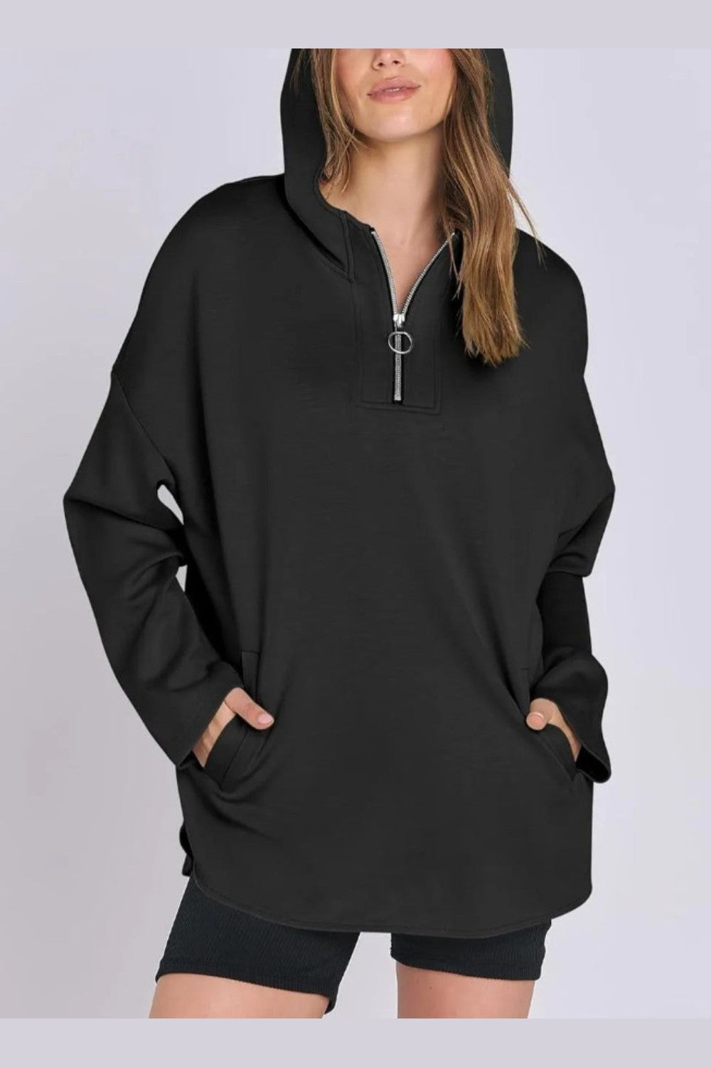 Quarter Zip Long Sleeve Hoodie - Sweatshirts & Hoodies - FITGGINS