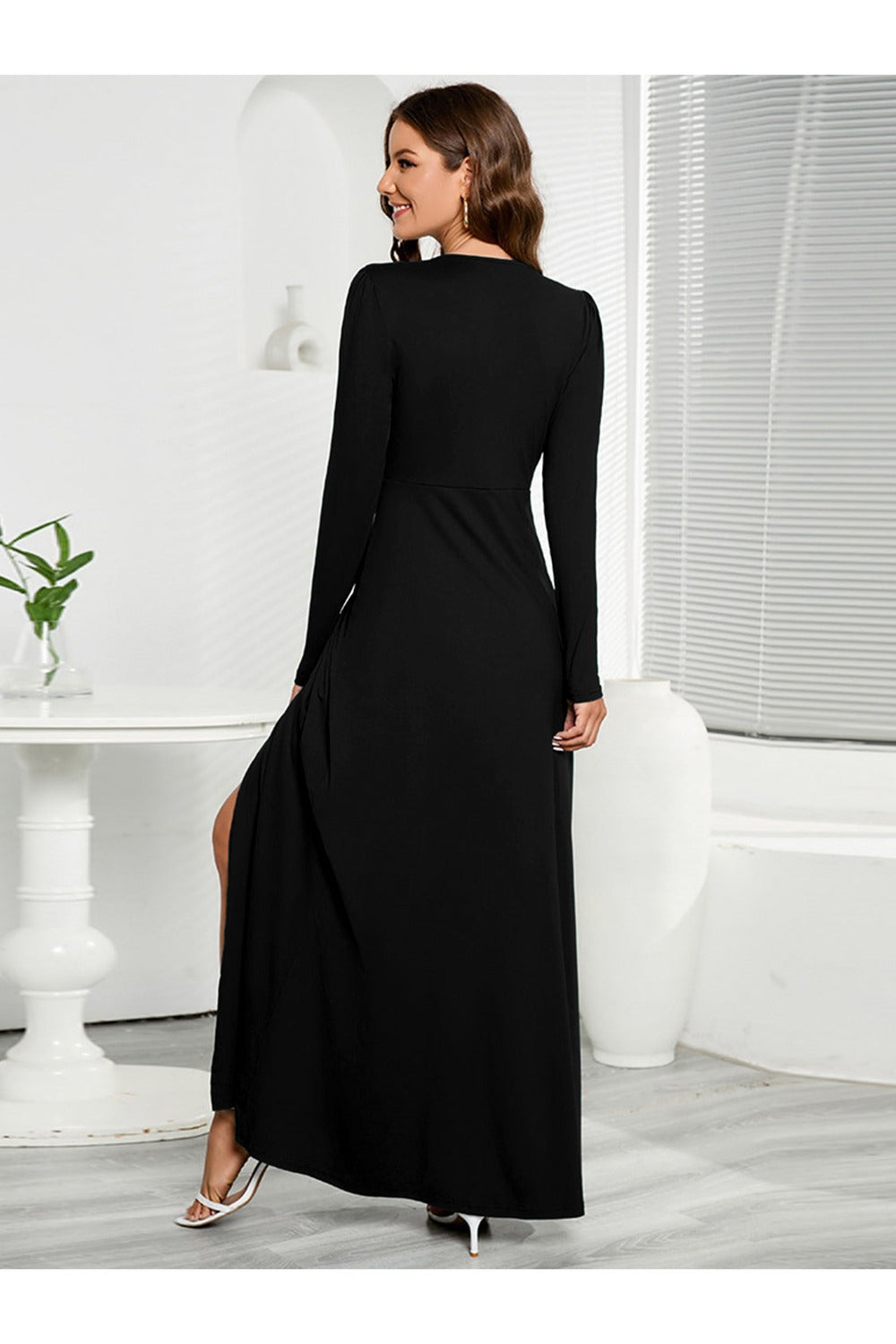 V-Neck Long Sleeve Split Dress - - FITGGINS