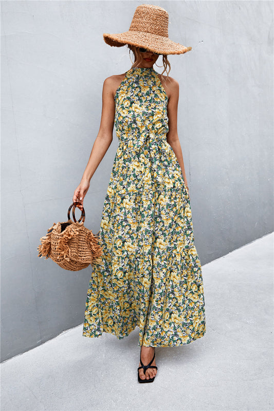 Printed Sleeveless Tie Waist Maxi Dress - Casual & Maxi Dresses - FITGGINS