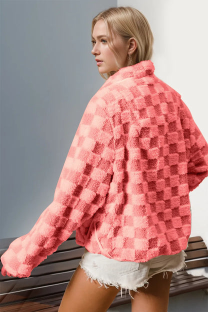 Double Take Checkered Long Sleeve Fuzzy Jacket Fitggins