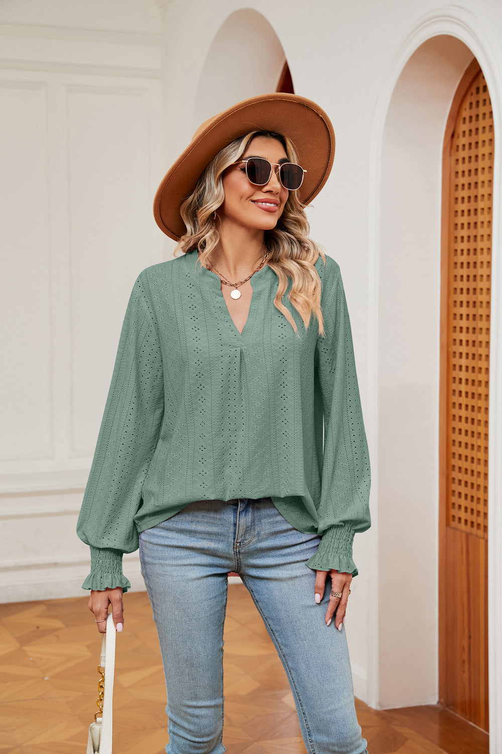 Notched Neck Flounce Sleeve Blouse Fitggins