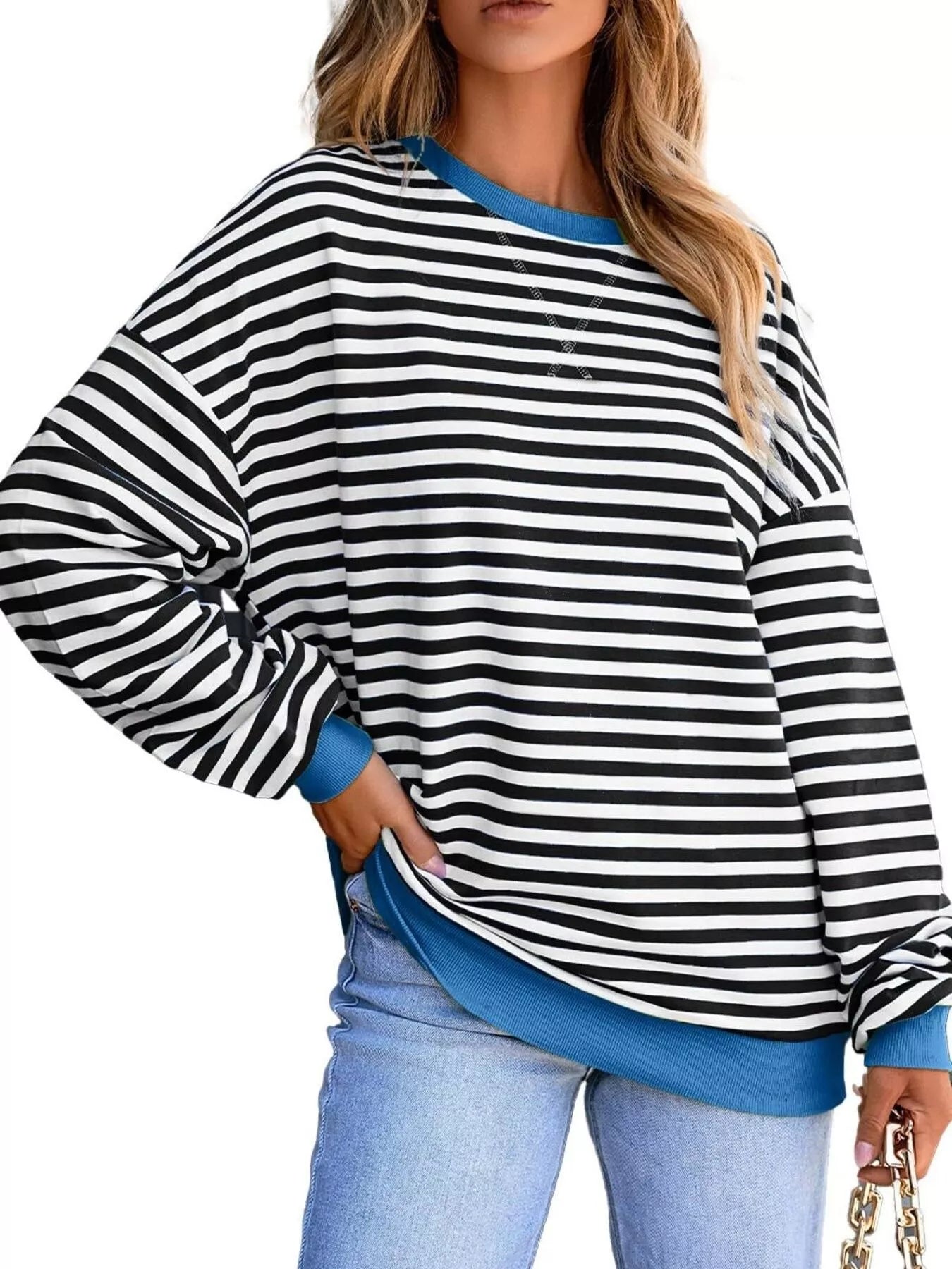 Striped Round Neck Dropped Shoulder Sweatshirt Fitggins