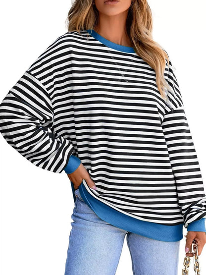 Striped Round Neck Dropped Shoulder Sweatshirt Fitggins