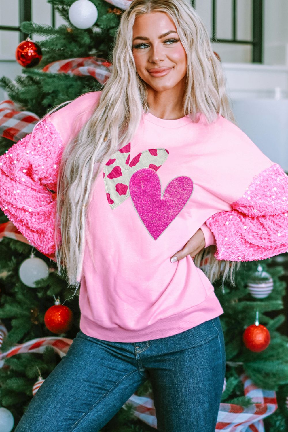 Valentine’s Day Sequin Heart Long Sleeve Sweatshirt - Sweatshirts & Hoodies - FITGGINS