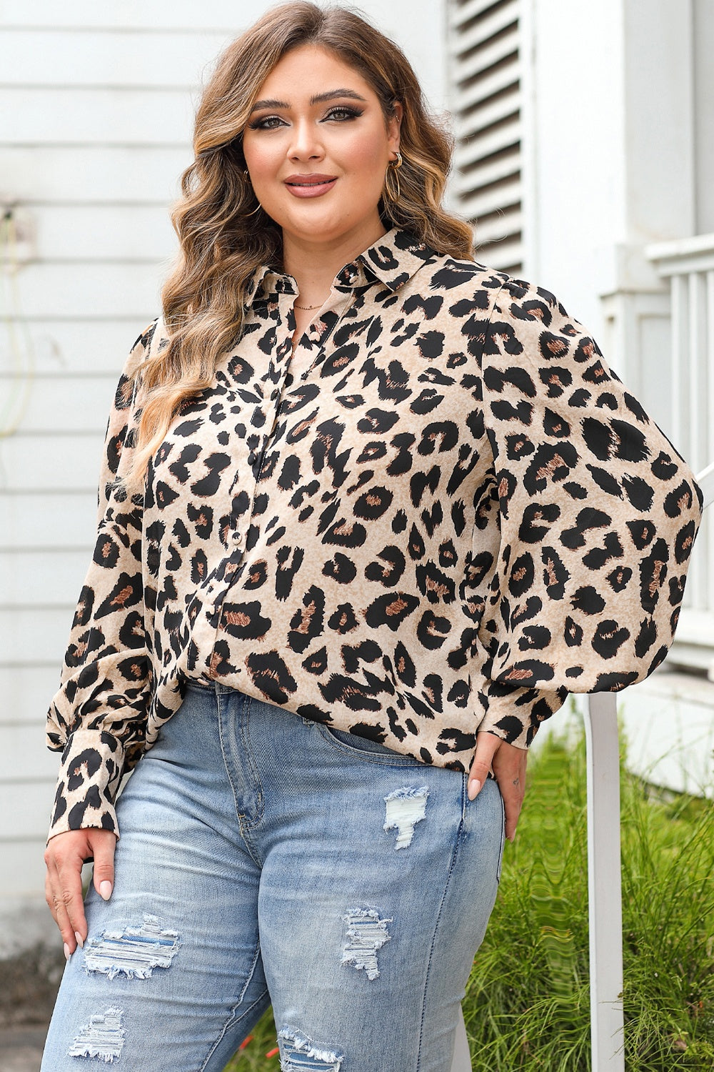 Plus Size Printed Long Sleeve Shirt - Shirts - FITGGINS