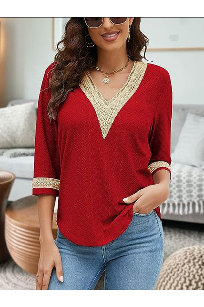 V-Neck Eyelet Blouse - Blouses - FITGGINS