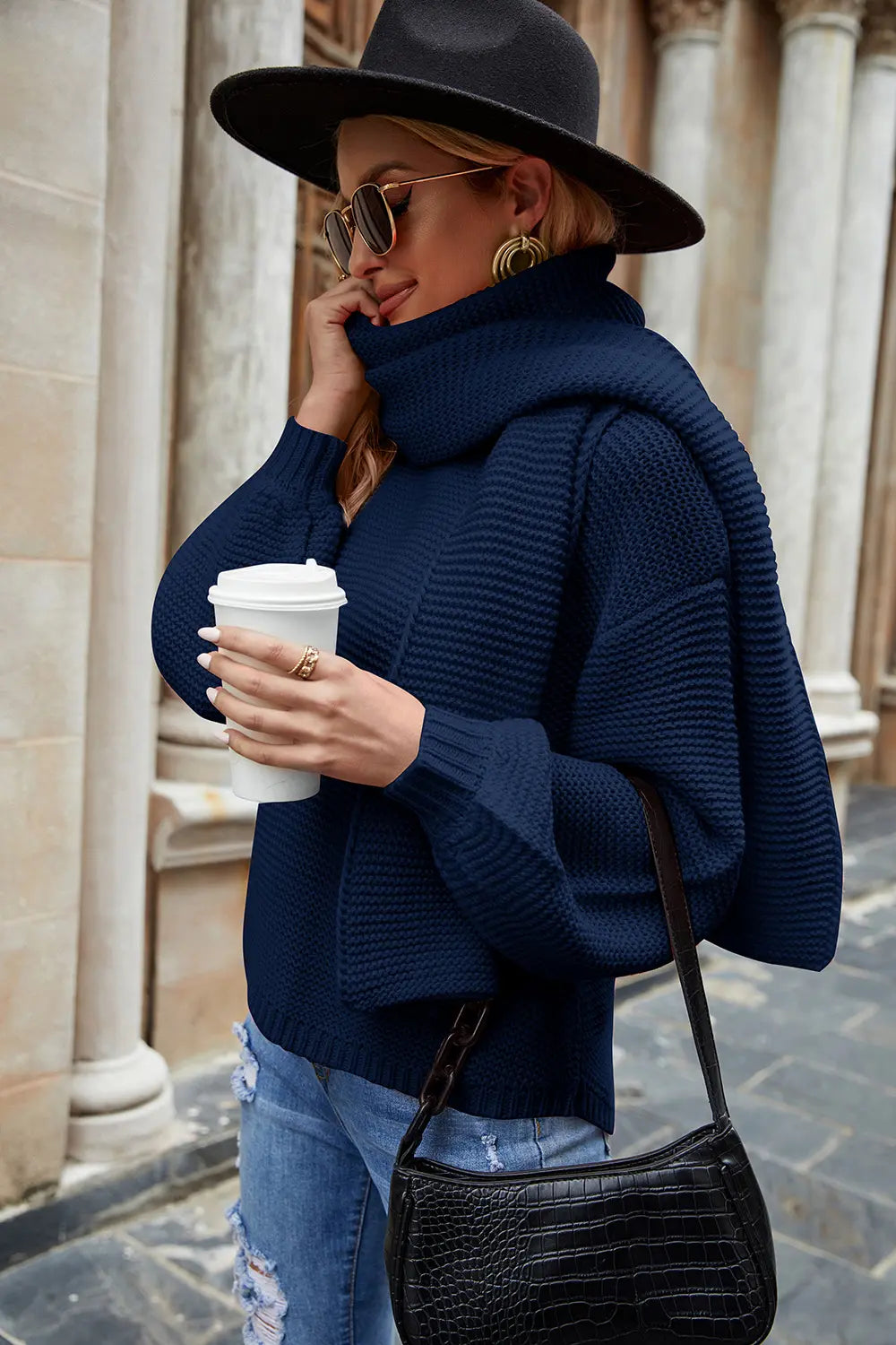Round Neck Lantern Sleeve Sweater Navy Fitggins