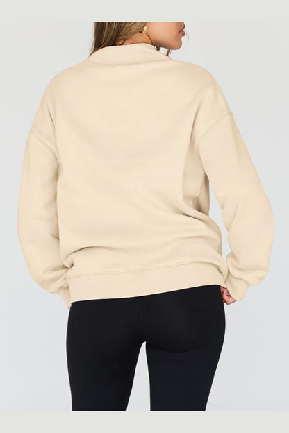 Mock Neck Drop Shoulder Long Sleeve Sweatshirt - Sweatshirts & Hoodies - FITGGINS