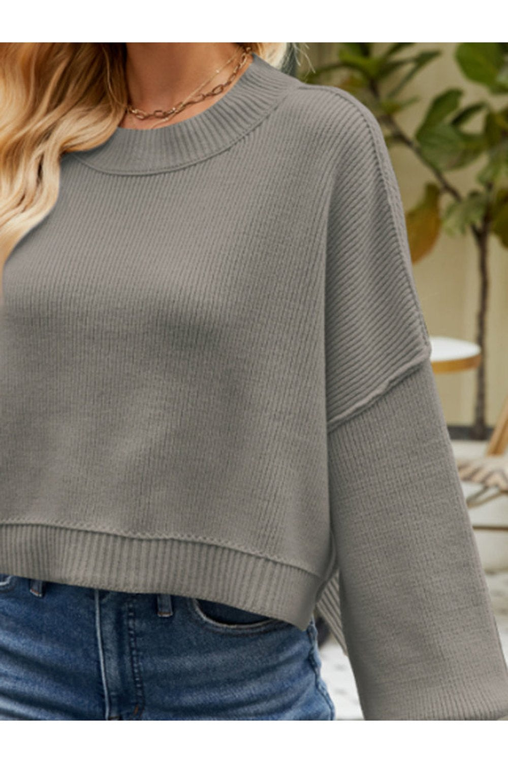 Round Neck Lantern Sleeve Sweater - Pullover Sweaters - FITGGINS