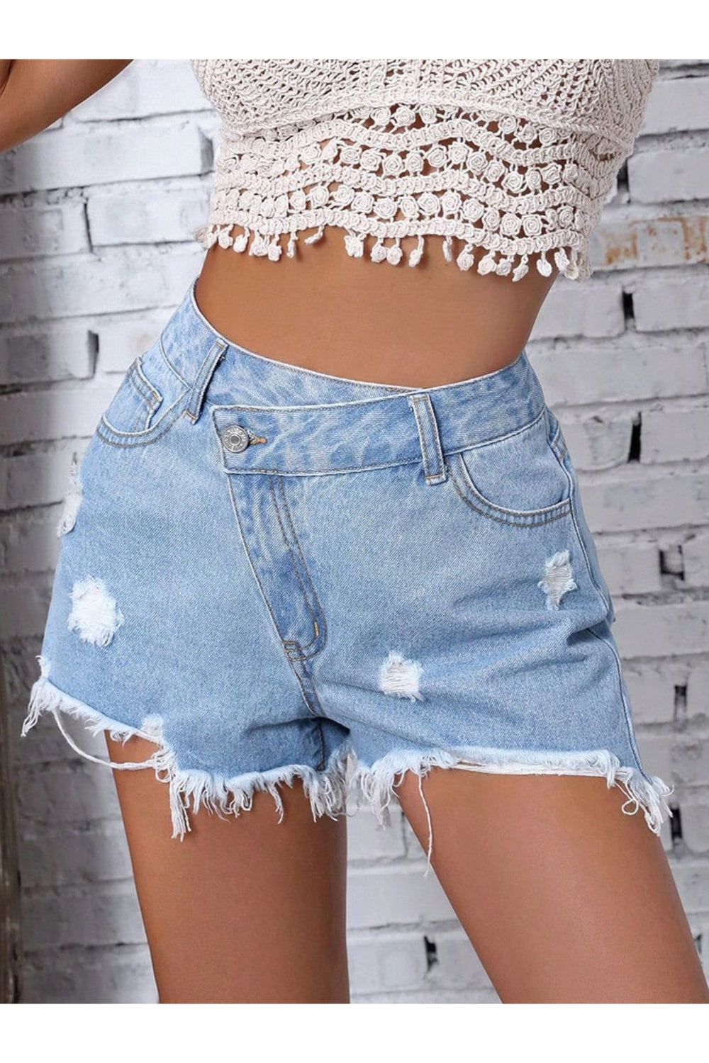 Distressed Raw Hem Denim Shorts - Denim Shorts - FITGGINS