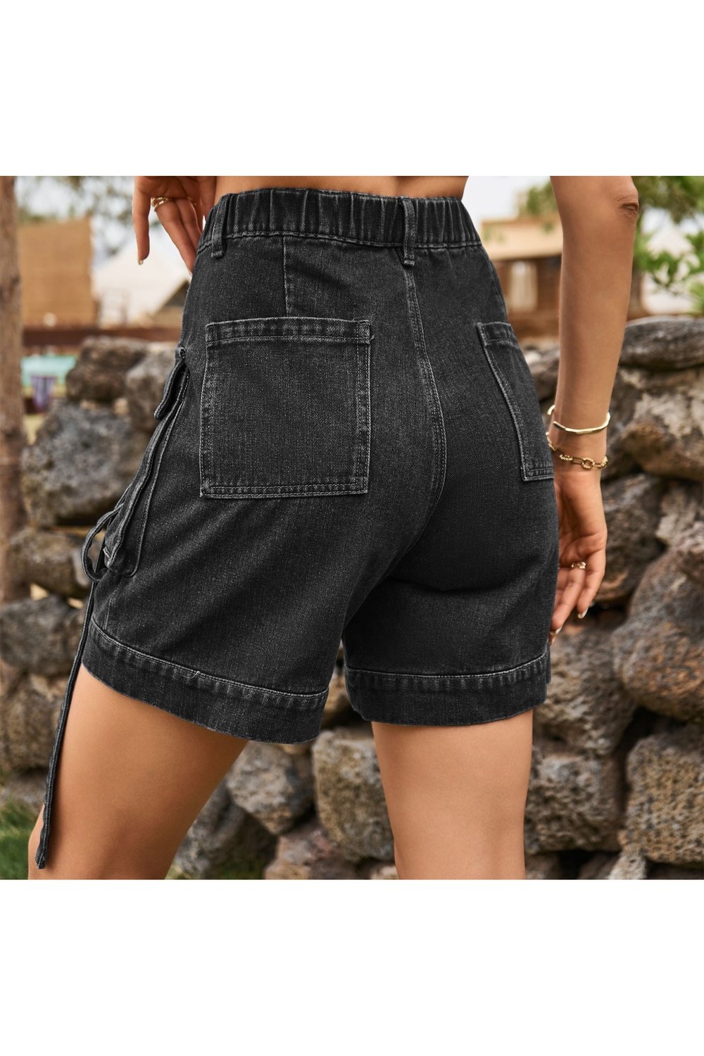 High Waist Denim Cargo Shorts - Denim Shorts - FITGGINS