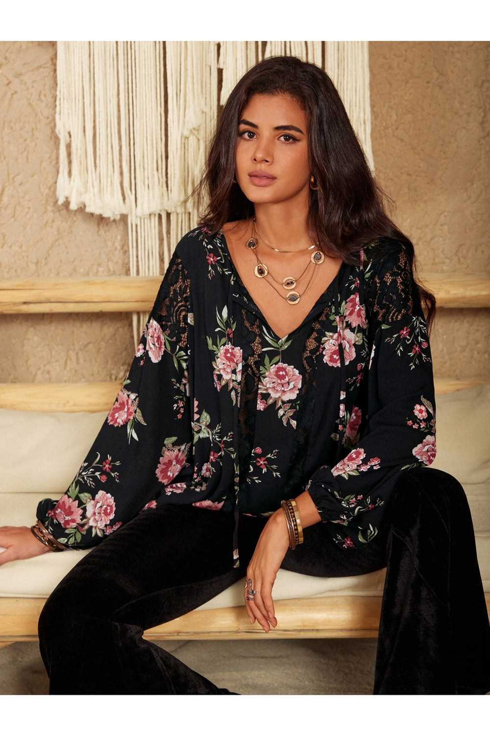 Flower Printed Tie Neck Long Sleeve Blouse - Blouses - FITGGINS